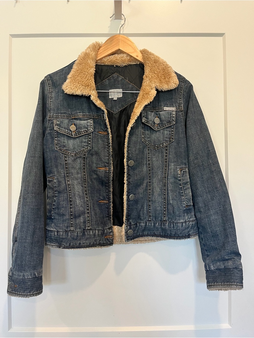 Y2K Denim Sherpa Trucker Jacket Faux Shearling Retro Boho Biker size M